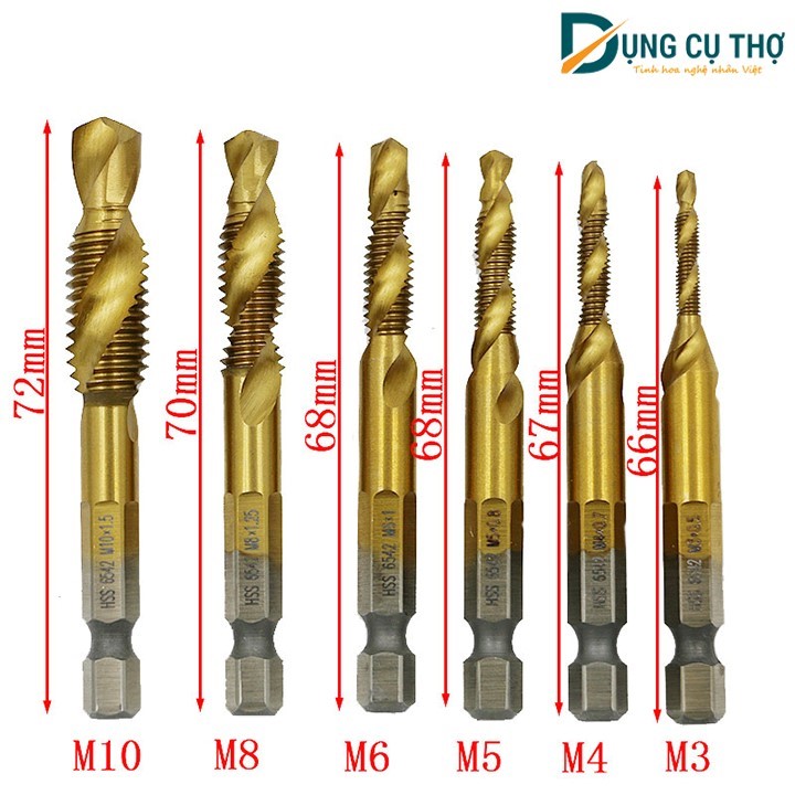 Bộ 6 mũi khoan taro ren trong màu vang mạ titan
