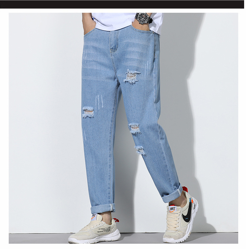 Quần baggy jean rách nam nữ màu xanh mặc hè