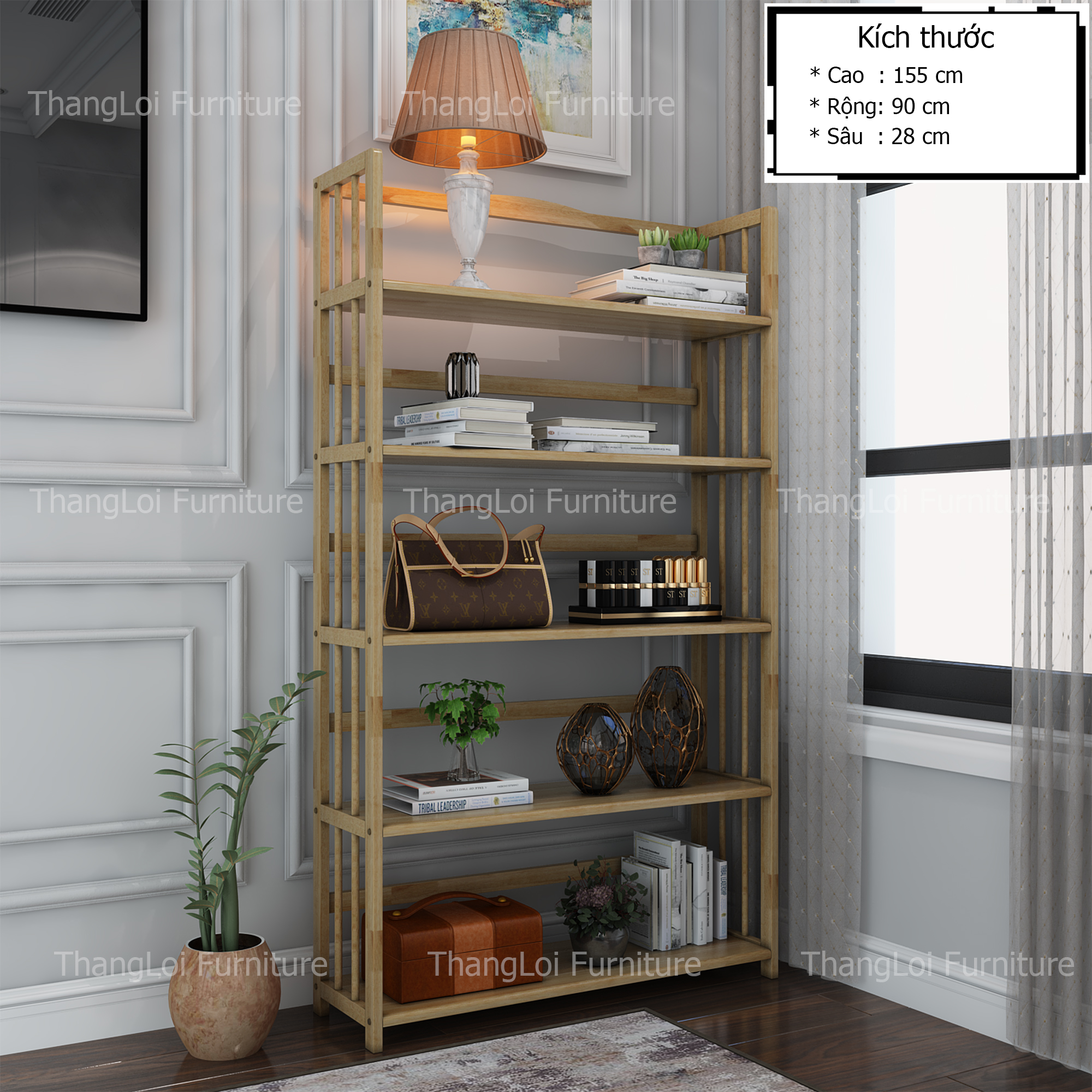 Kệ sách , kệ đa năng gỗ tự nhiên 5 tầng x 90 cm