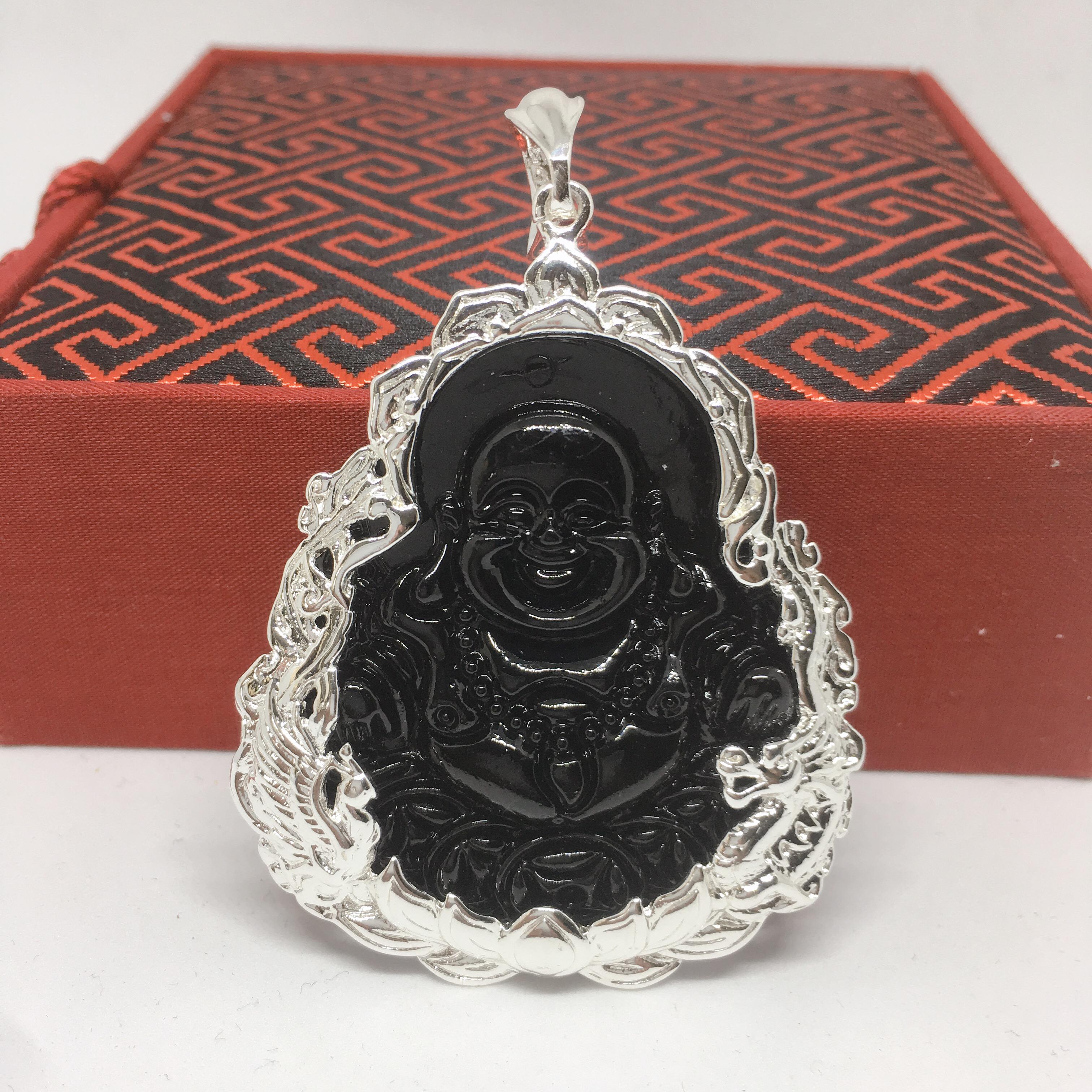 Mặt dây chuyền vip bạc thái di lạc đá obsidian bọc bọc rồng phượng, mặt dây chuyền bạc ý, dây chuyền phong thủy