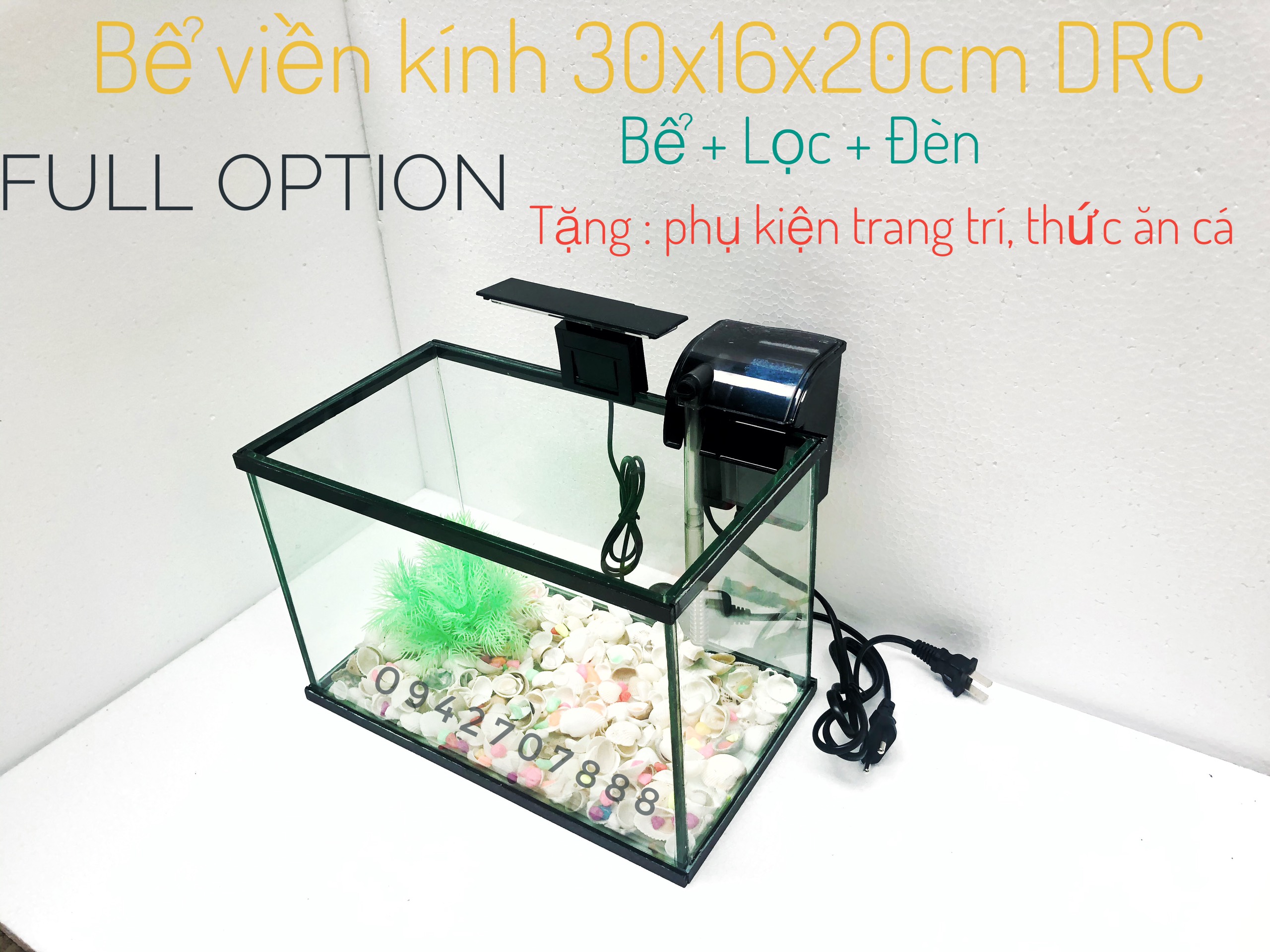 bcx Trọn Bộ Bể cá viền kính đen 30*16*20cm kèm đèn led và lọc thác cá cảnh