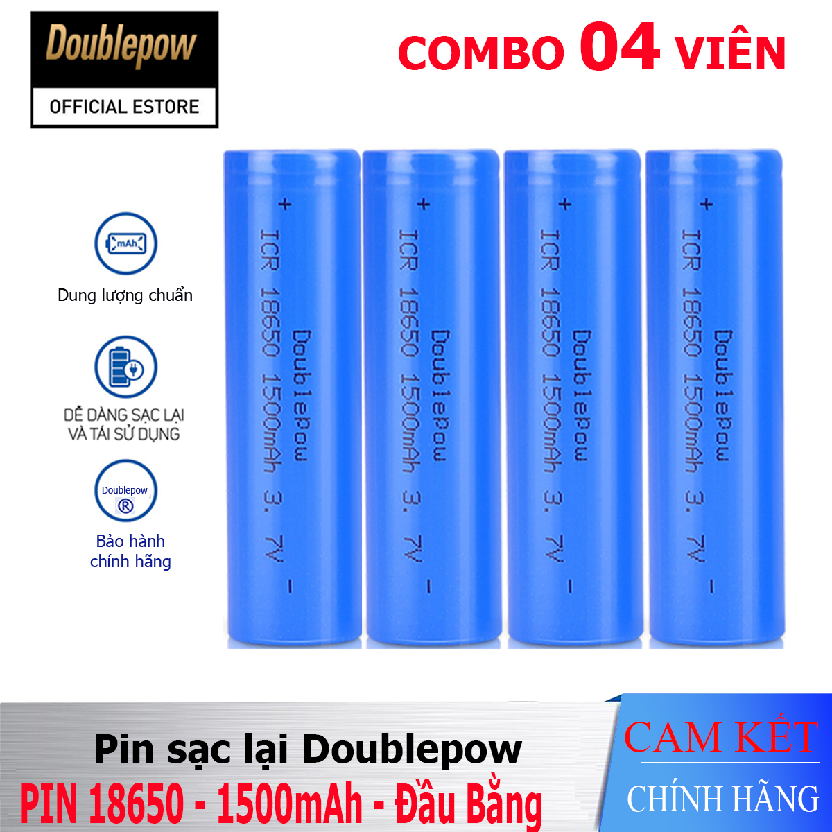 [Combo 04 viên] Pin sạc Lithium 18650 - 1500mAh đầu bằng Doublepow, pin dung lượng thực