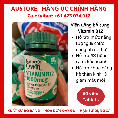 [Bill Úc]  Viên uống bổ sung vitamin B12 hàm lượng cao giúp tăng cường năng lượng, giảm mệt mỏi - Nature's Own High Strength Vitamin B12 1000mcg 60 Tablets, Blackmores Vitamin B12 75 Tablets