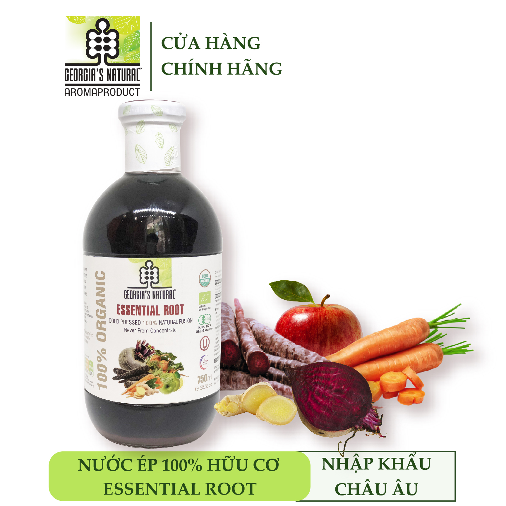 Nước Ép Rau Củ 100% Hữu Cơ Hỗn Hợp Rau Củ Có Rễ Essential Root - Georgia's Natural - 750ml