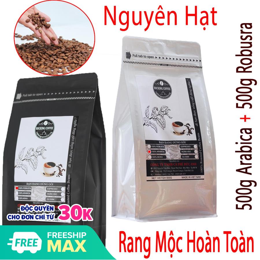 Bộ 2 Gói cà phê NGUYÊN HẠT ( 1 gói Robusta + 1 gói Arabica) rang mộc hoàn toàn  túi zipper 500g mỗi gói tiện lợi - ROCKING COFFEE