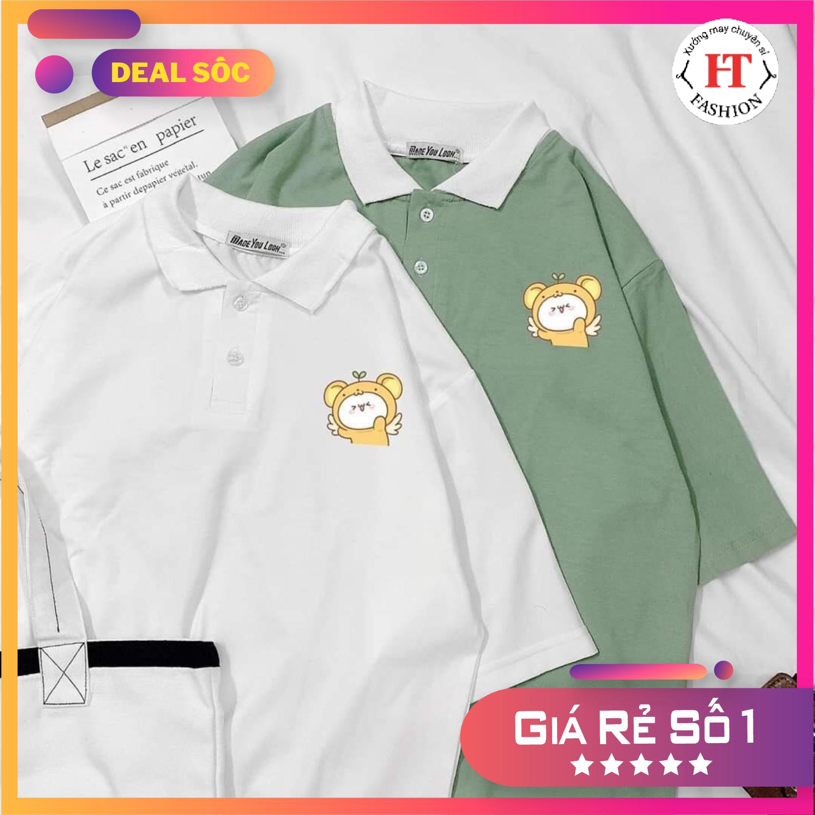 [HCM]Áo thun tay lỡ cổ bẻ dệt in hình unisex form rộng nam nữ cá tính hitashop102 chất thun mát mịn co giãn hút mồ hôi dễ phối đồ