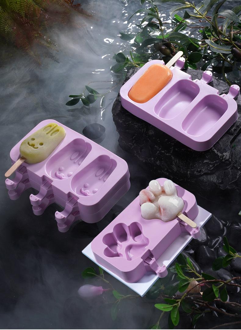 Bộ khuôn làm kem 3 que bằng silicon dẻo siêu bền, an toàn cho sức khỏe người dùng (Kèm 50 que gỗ) bảo vệ môi trường - Dụng cụ làm kem hình thú, có nắp đậy trong, thiết kế độc đáo, hiện đại