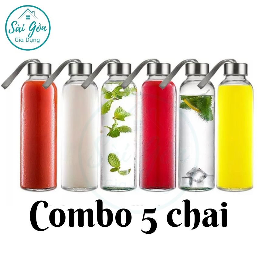 [HCM](Combo 5 ) Bình đựng nước thuỷ tinh có nắp kèm dây xách dung tích 500ml SG-C500-5
