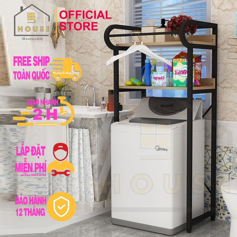 Kệ máy giặt cửa trên 2 tầng 9HOUSE mã KMG03 loại kệ để máy giặt kèm để lò vi sóng lò nướng nồi cơm điện khung thép dày dặn sơn tĩnh điện chống rỉ chịu lực cao gỗ lõi xanh phủ melamine chống nước sản xuất tại Việt Nam