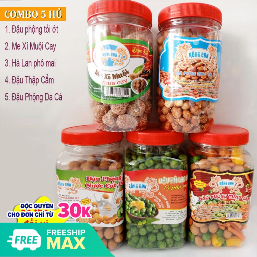 [HCM]Combo 5 Hủ: Đậu Phộng Tỏi Ớt 210g - Hà Lan Phô Mai 220g - Đậu Thập Cẩm 220g - Me Xí Muội 240g - Đậu Phộng Nước Cốt Dừa 230g - Đồ ăn vặt
