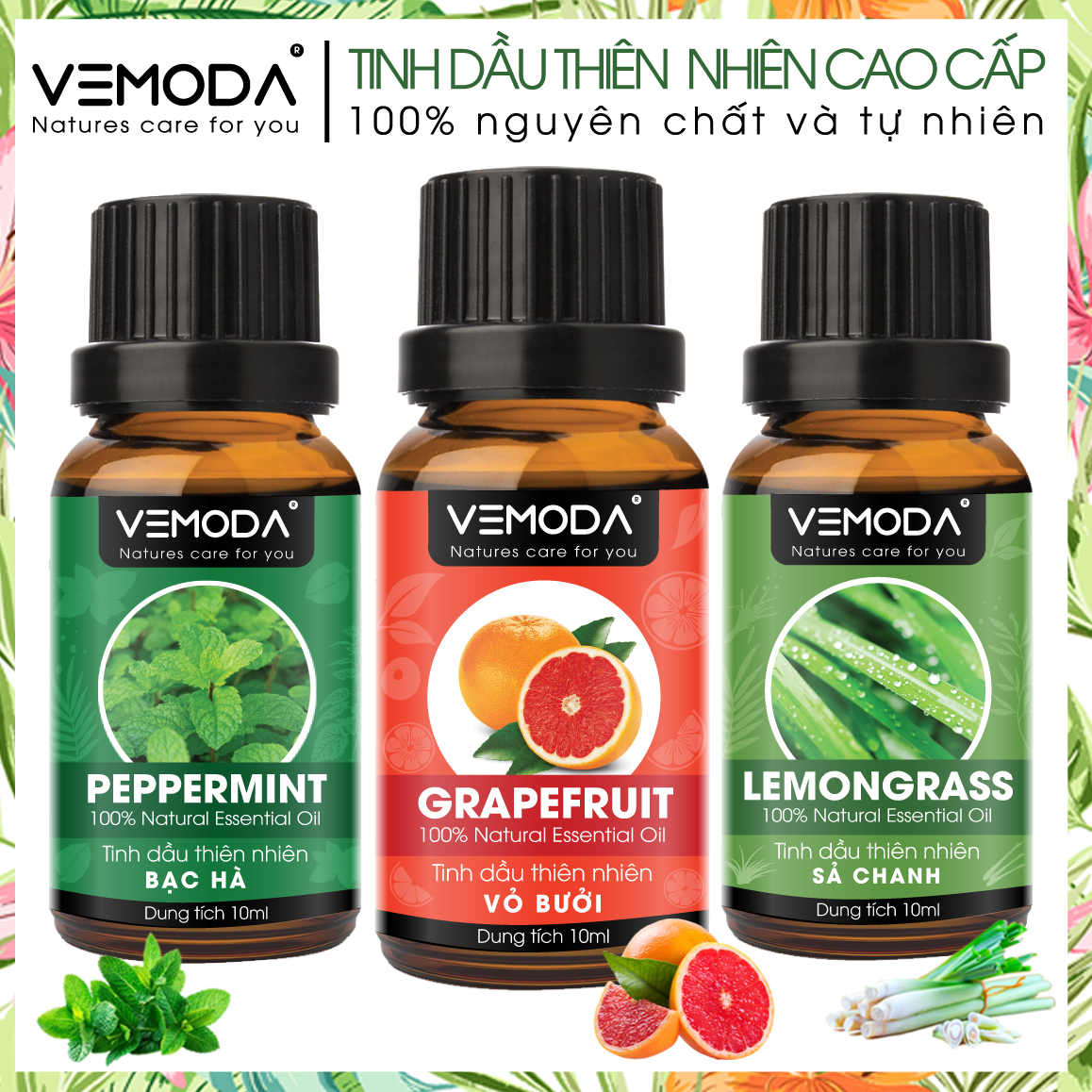 Combo tinh dầu xông phòng. Tinh dầu thơm phòng giúp thư giãn, giảm căng thẳng, khử mùi, thanh lọc không khí: tinh dầu Bạc hà (10ml) + tinh dầu Vỏ bưởi (10ml) + tinh dầu Sả chanh (10ml)