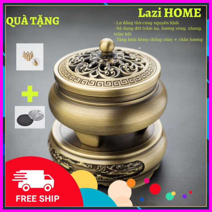 Lư đốt trầm bằng đồng, lư xông trầm đồng 3 chân Lazi HOME - [ƯU ĐÃI QUÀ HOT] Tặng bông chống cháy và chân hương trị giá 80k - Đốt trầm nụ, hương vòng, nhang, trầm bột