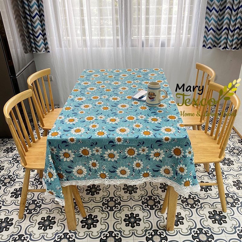 Khăn phủ bàn vải bố linen trang trí nhà cửa cực đẹp, giá tốt - họa tiết Hướng dương xanh - KB-M07