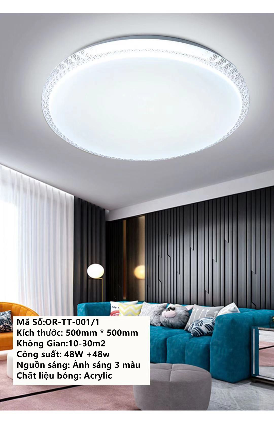 Đèn led ốp trần 3 màu tròn viền kép trang trí phòng khách phòng ngủ. Kích thước: 500mm * 500mm,Công suất: 48w+48w