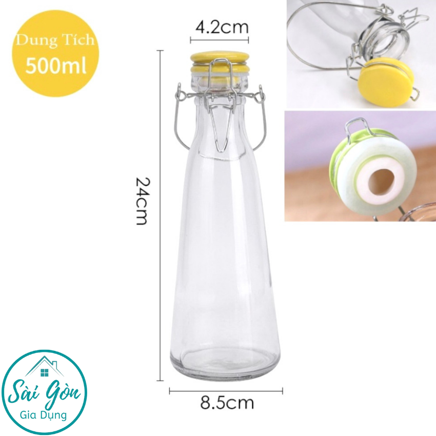 Chai nước thuỷ tinh TẶNG gọng sắt + nắp sứ nhiều màu sắc 500ml SG-G015