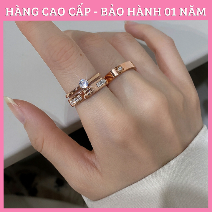 Nhẫn Nữ Đẹp, Nhẫn Titan Cao Cấp Đính Đá 2 in 1