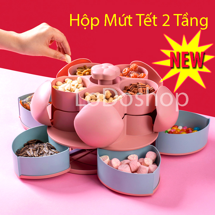 Khay đựng mứt kẹo tự xoay hình cánh hoa 2 tầng - Hộp đựng bánh mứt cánh hoa sen 10 ngăn - Khay mứt tết 2023