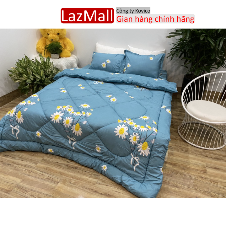Chăn phao siêu nhẹ cực ấm,đã có ruột bông liền vải cotton poly 1m8x2m họa tiết cành hoa cúc xanh Sunzin  Kho chăn ga gối, ga giường, drap giường