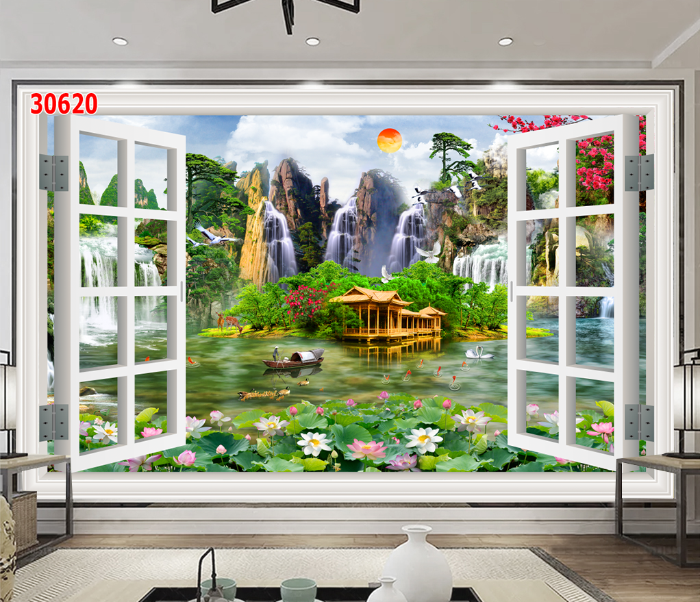 Tranh dán tường khổ lớn vải lụa loại 1/Tranh cửa sổ tươi mát/ Mở rộng không gian