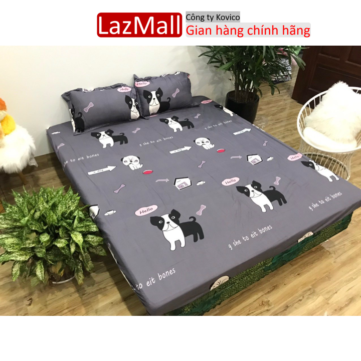 Bộ ga gối cotton poly 3 món họa tiết chó ghi Sunzin Kho chăn ga gối, ga giường, drap giường