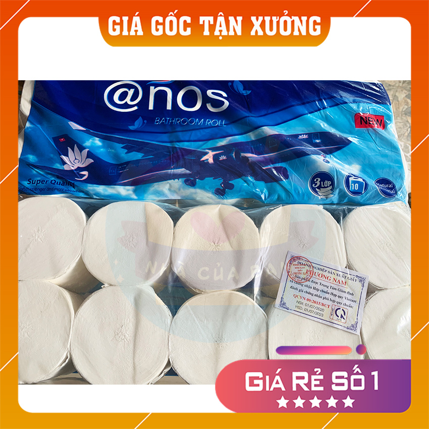 Bịch 10 cuộn giấy vệ sinh 3 lớp Anos loại mới giá cực tốt giấy dày dai cuộn lớn cho thời gian sử dụng lâu hơn. Hàng Việt Nam chất lượng cao giấy vệ sinh cao cấp. Bathroom Roll