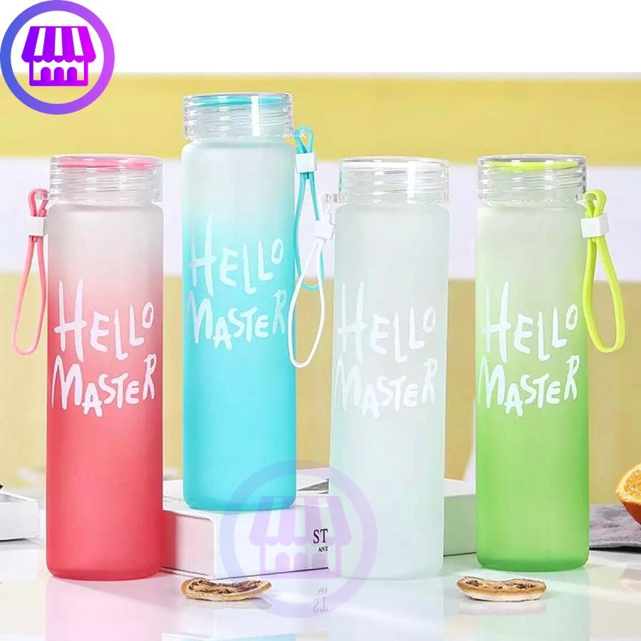Bình thuỷ tinh đựng nước - bình nước thuỷ tinh in chữ hello master dung tích 420ml ht-8500