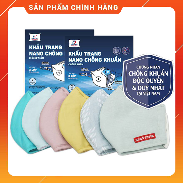 Khẩu trang vải kháng khuẩn 3 lớp Nano Bạc Hanvico, vải mền, màu trơn giặt được nhiều lần - Set 2 chiếc