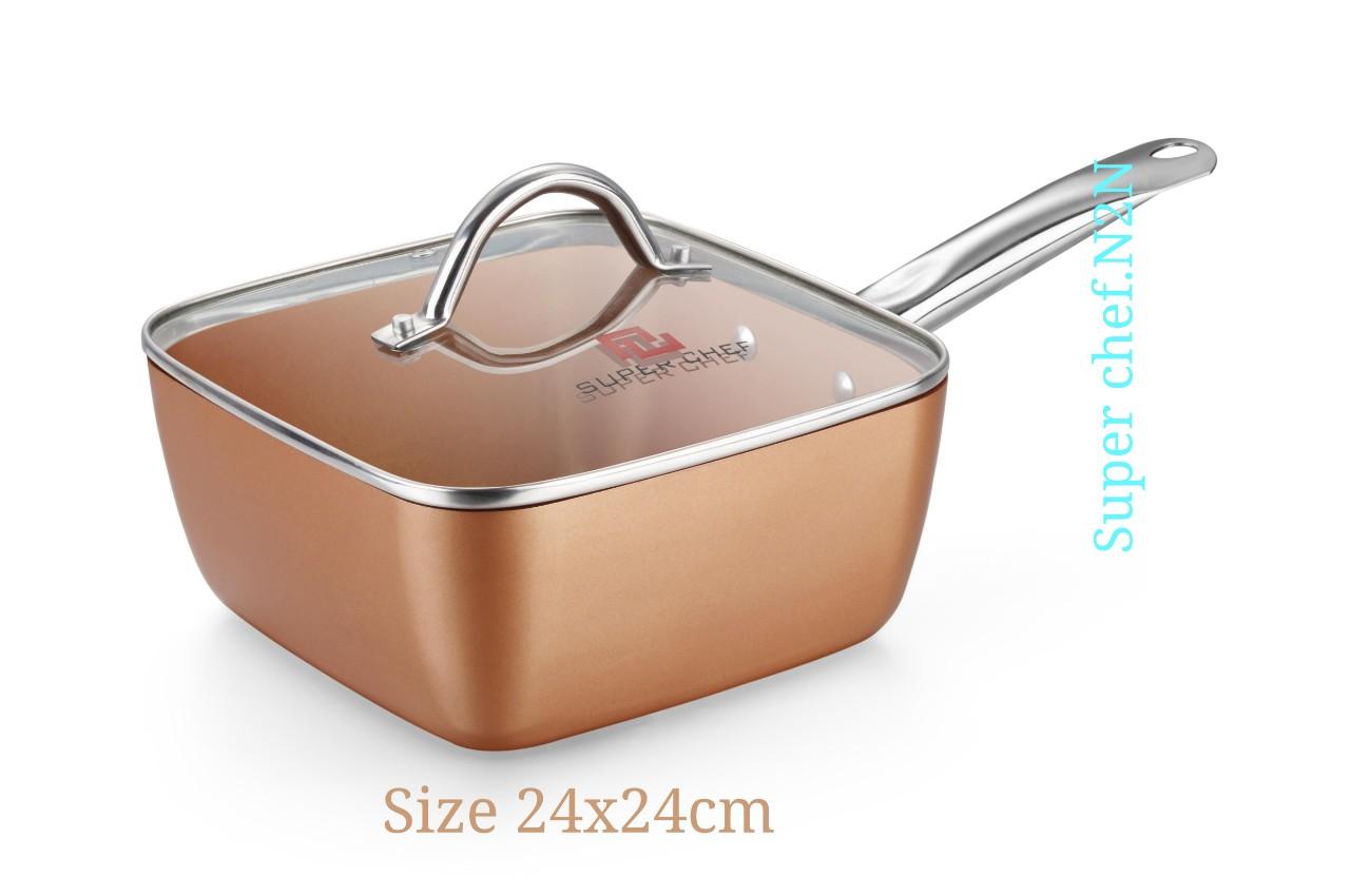 Quánh vuông nắp kính SUPER CHEF hợp kim tráng men đáy từ 24x24cm G2024M