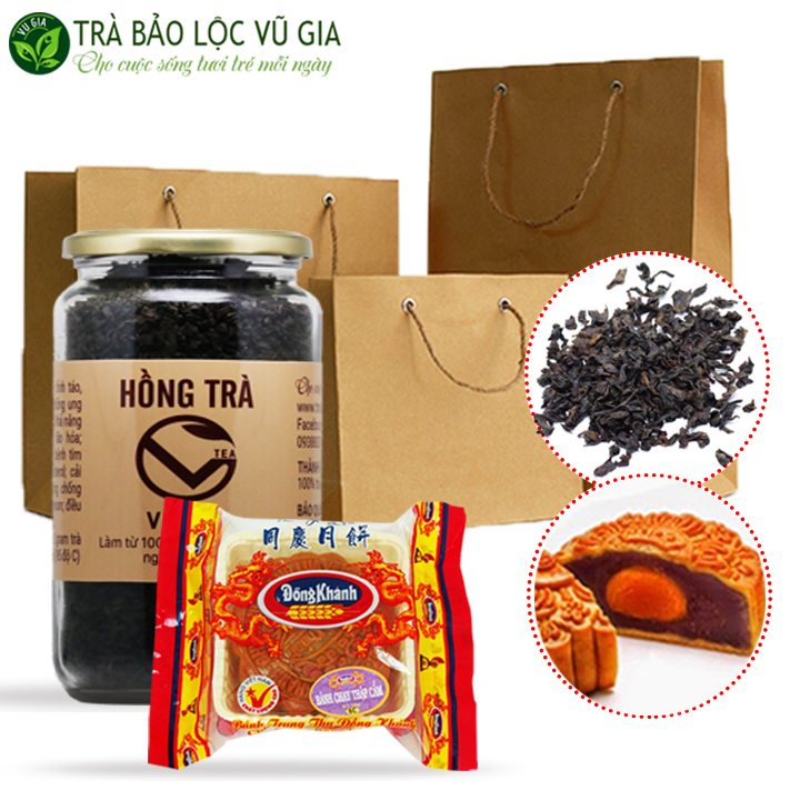 Combo Hồng Trà Cao Cấp Nguyên Chất Vũ Gia + Bánh Trung Thu Đồng Khánh Chính Hiệu Bông Lúa Vàng - Bánh nướng 1 trứng nhân khoai môn hạnh đào