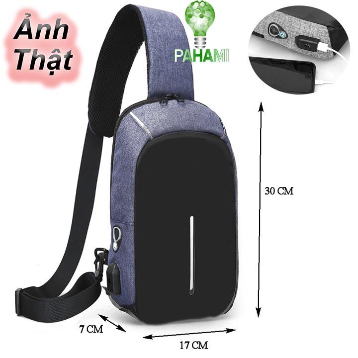 Túi đeo chéo nam thông minh siêu nhẹ loại tốt, có khe cắm USB đi kèm dây cáp sạc kéo dài ST88, ba lô đeo chéo