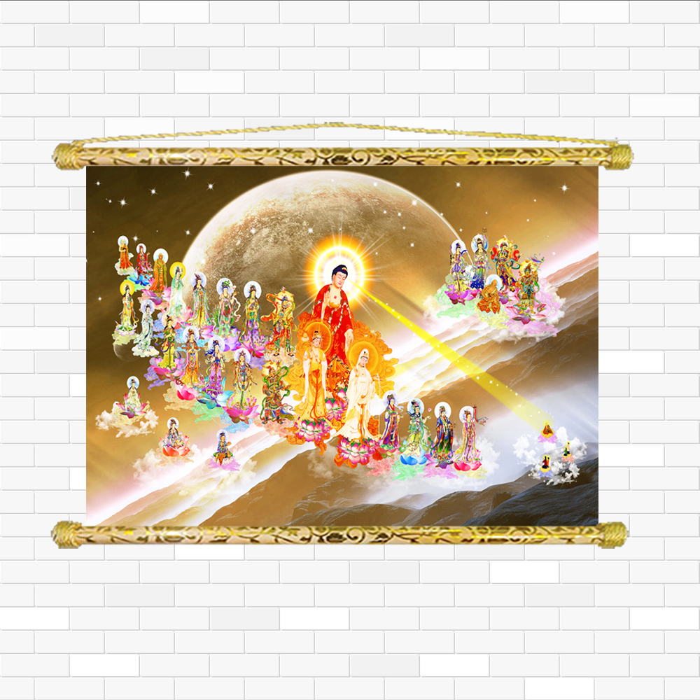[HCM]Tranh Liễn Phật Giáo - Tây Phương Tiếp Dẫn Vải canvas nẹp sáo gỗ KT: 40x60 cm nhiều mẫu thiết kế