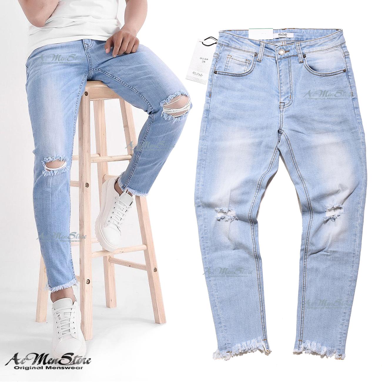 ROUTINE Quần jean nam rách gối tưa gấu dáng lửng