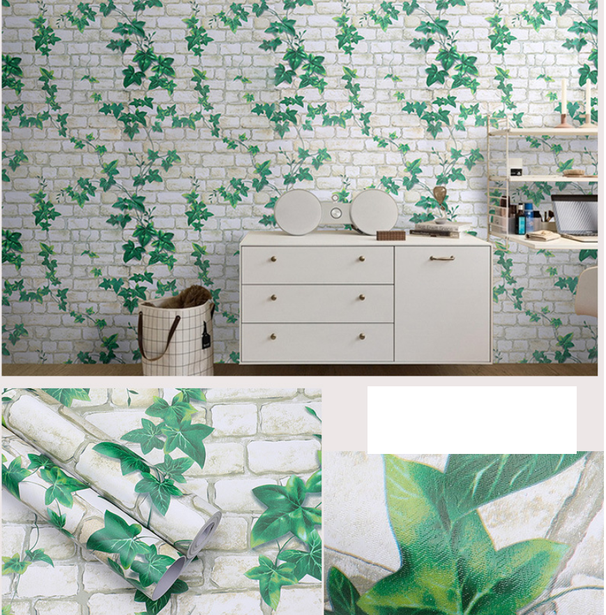 Cuộn 10m x 0.45m decal giấy dán tường gạch trắng lá xanh keo sẵn bóc dán aa033