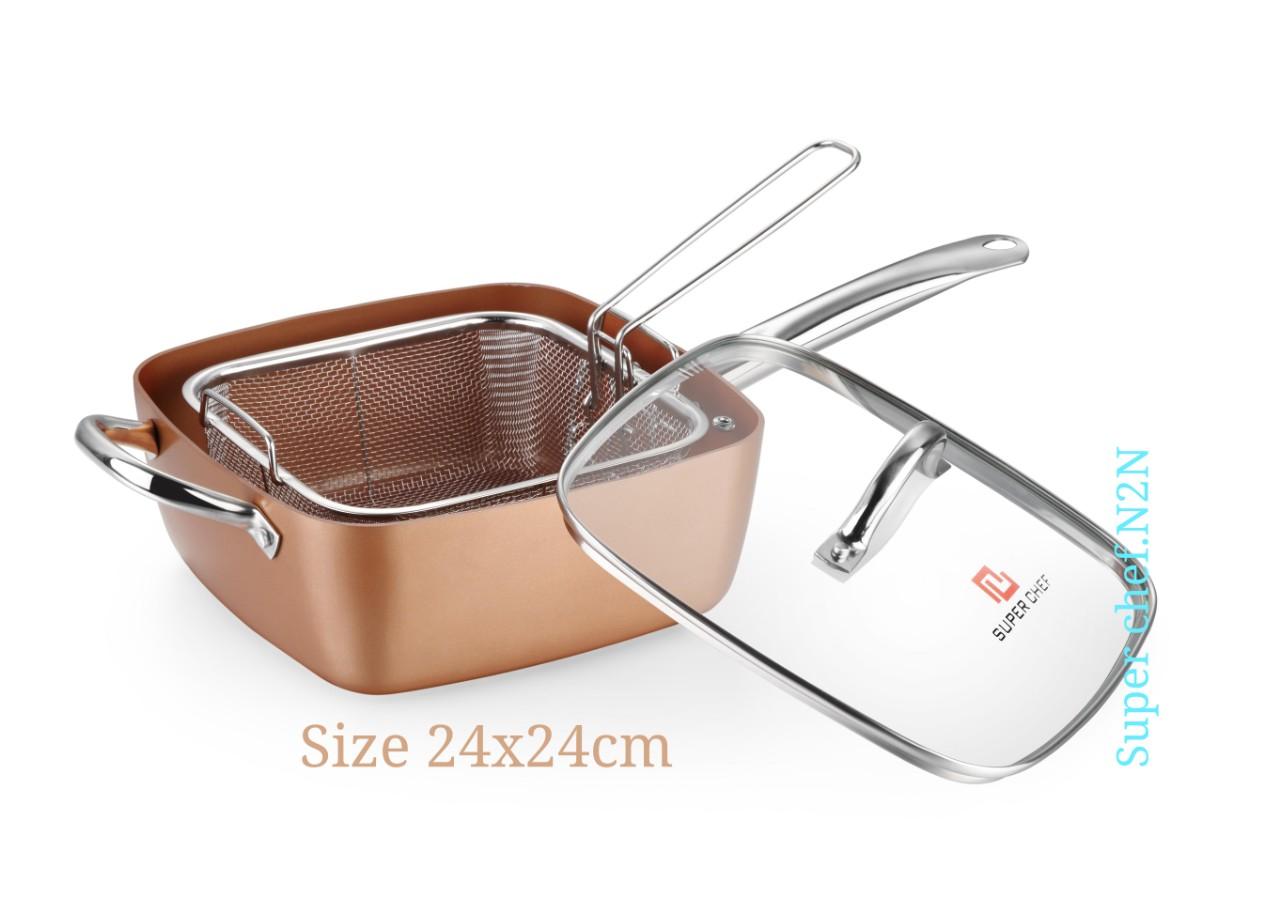 Bộ quánh vuông nắp kính + rổ inox SUPER CHEF hợp kim tráng men đáy từ 24x24cm G2024S