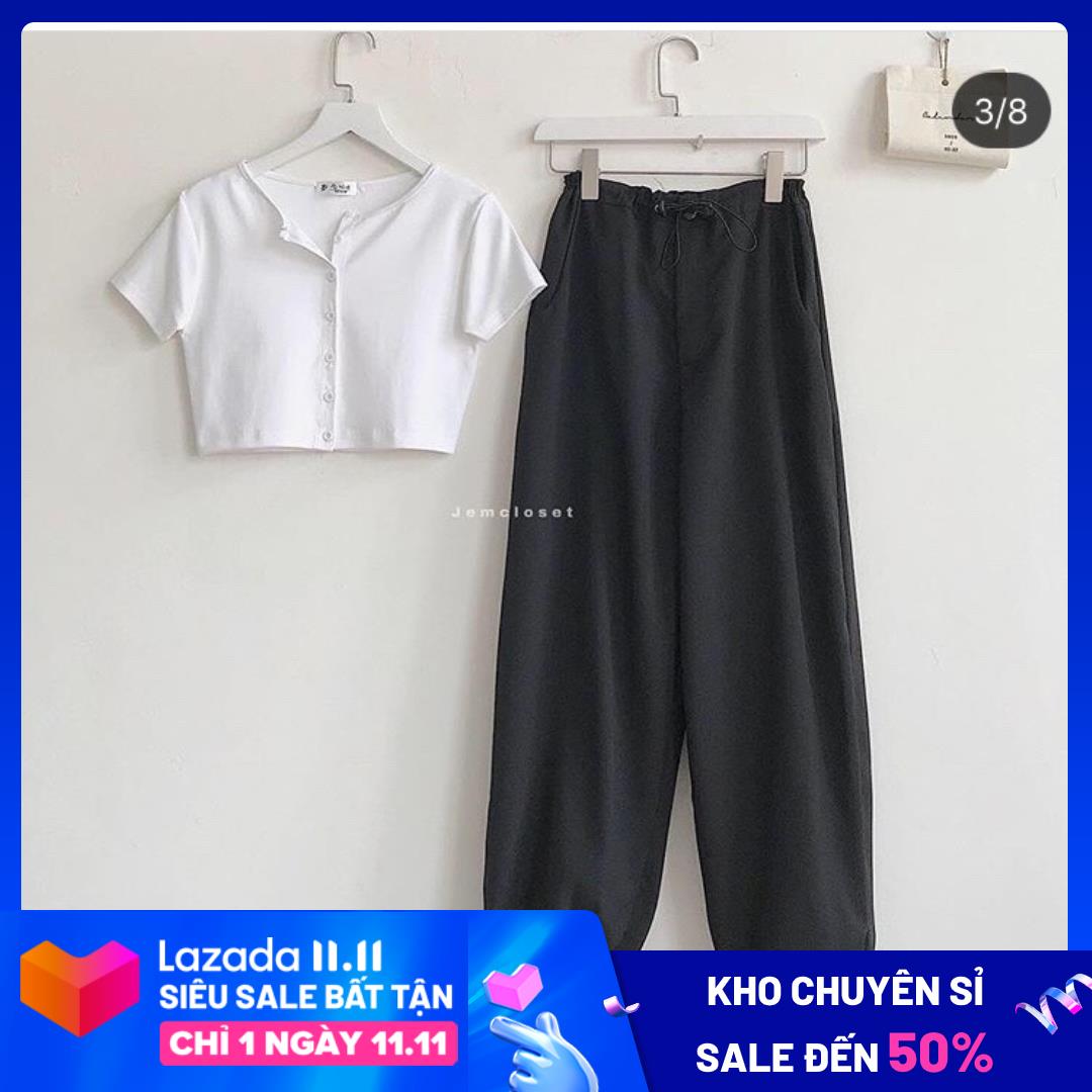 ☀️set jogger rút dây + crop nút trơn