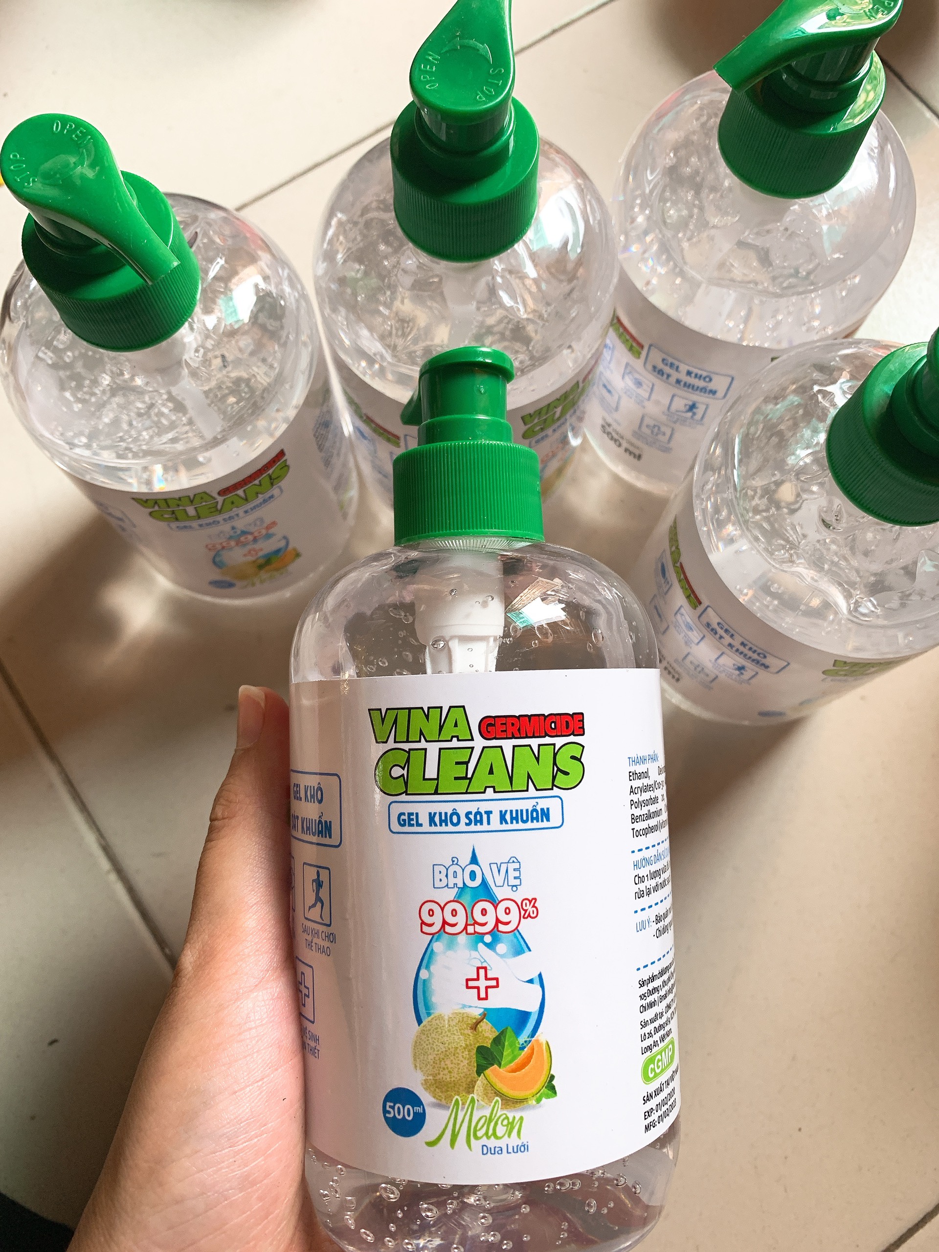 Gel rửa tay khô VINA CLEAN Cao cấp - Viện Pasteur kiểm nghiệm 99% diệt khuẩn- 500 ml hương dưa gang