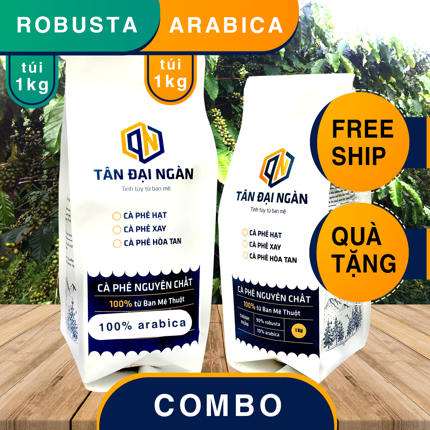 Combo 1kg cà phê robusta và 1kg cà phê arabica rang xay nguyên chất từ tân đại ngàn