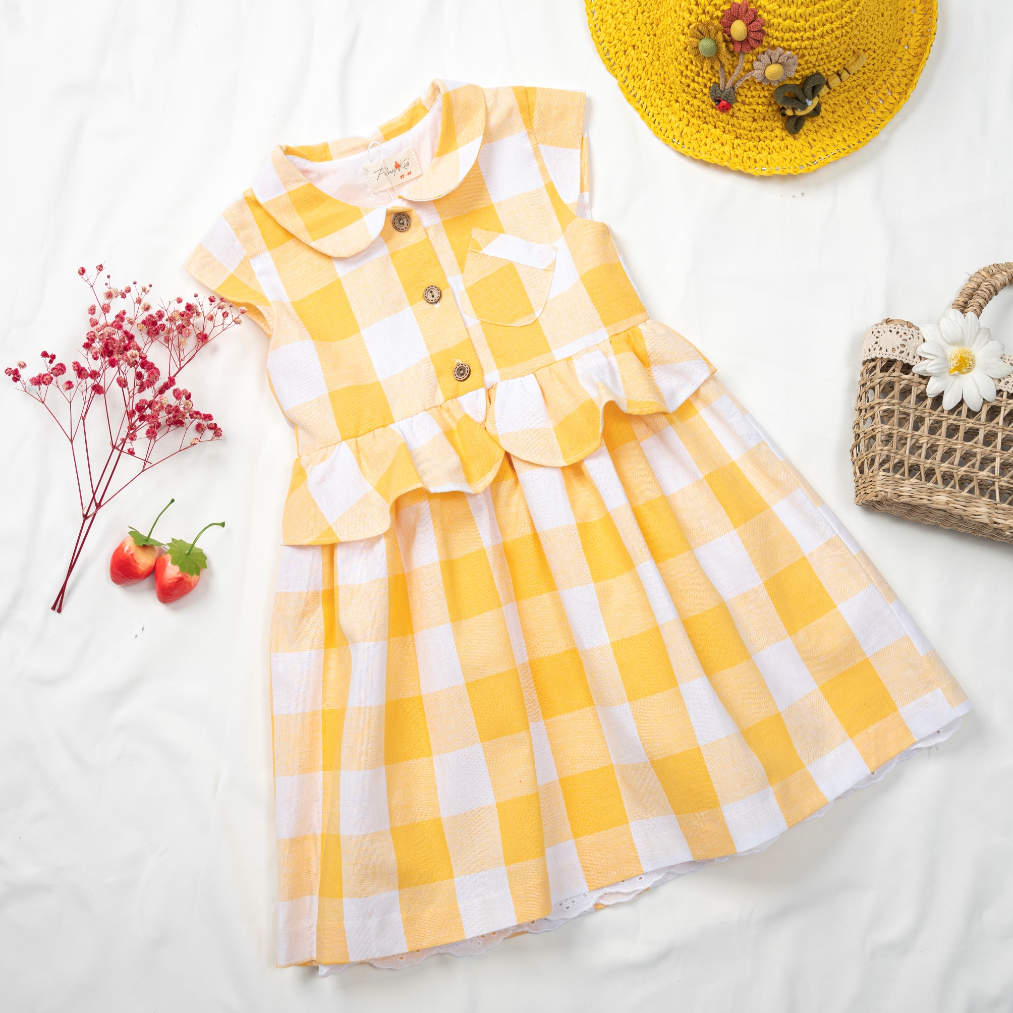 [HCM]Đầm bé gái linen caro vàng Pansy