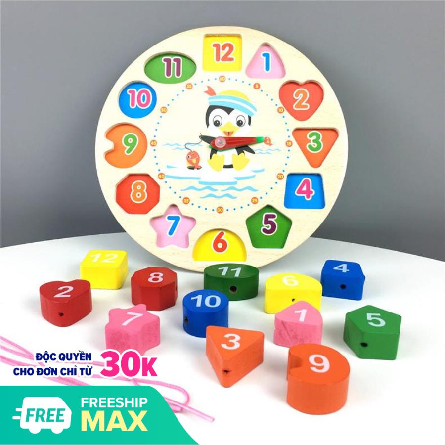 Đồng hồ Gỗ xếp hình (Kèm dây xâu chuỗi hạt) - Đồ chơi gỗ Smart Baby- 003