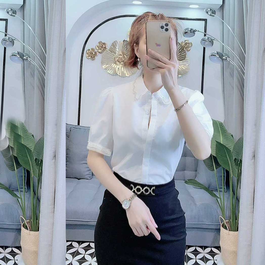 Áo sơ mi nữ cổ phôi ren va tay phối ren chất liệu mềm mát không nhăn