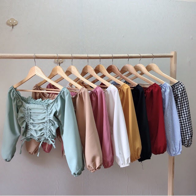 Áo Kiểu Croptop rút dây 2 bên tay dài Thời trang Ảnh Thật kèm video Hàng có sẵn
