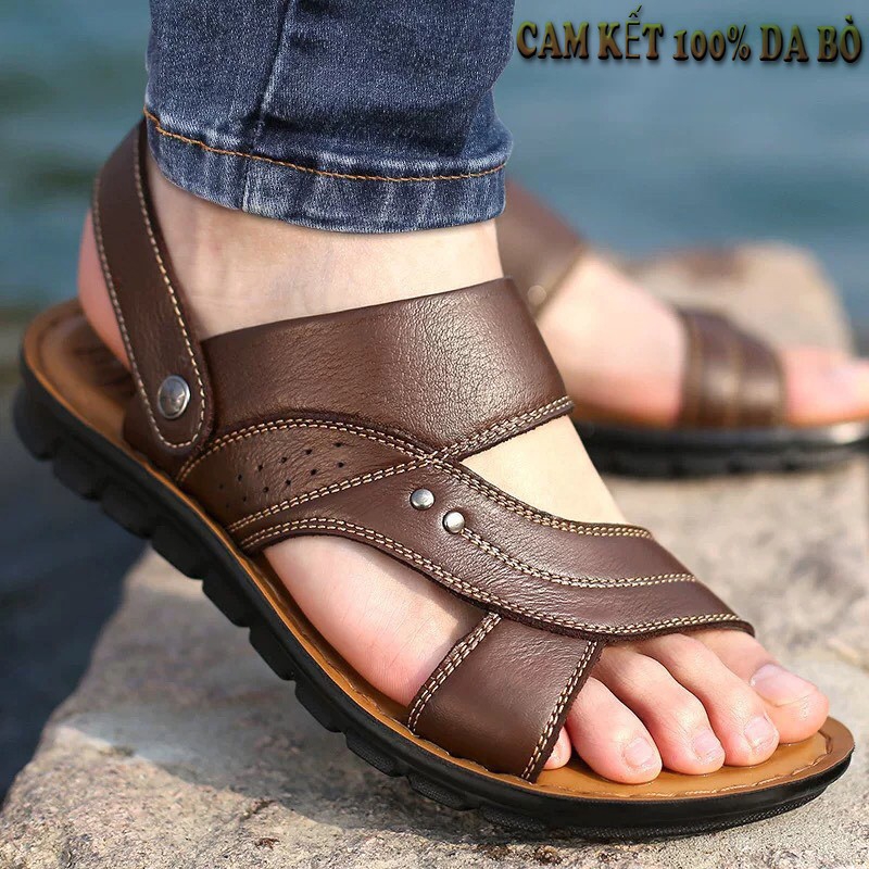 Dép nam da bò cao cấp đế cao su khâu