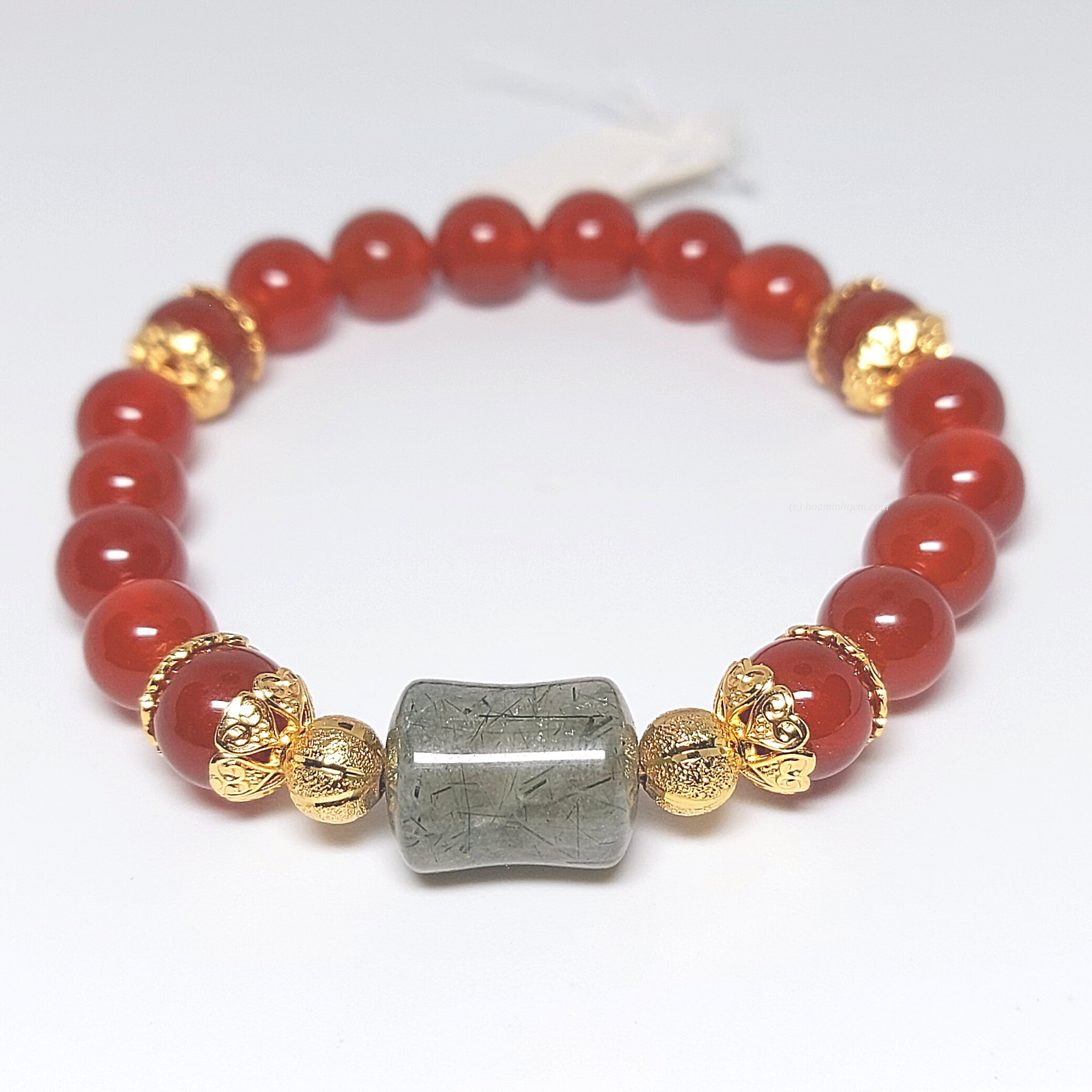 Vòng tay Mã Não Đỏ phối Thạch Anh Tóc Xanh đốt trúc Charm Bi Hoa | Hoa Minh Gem