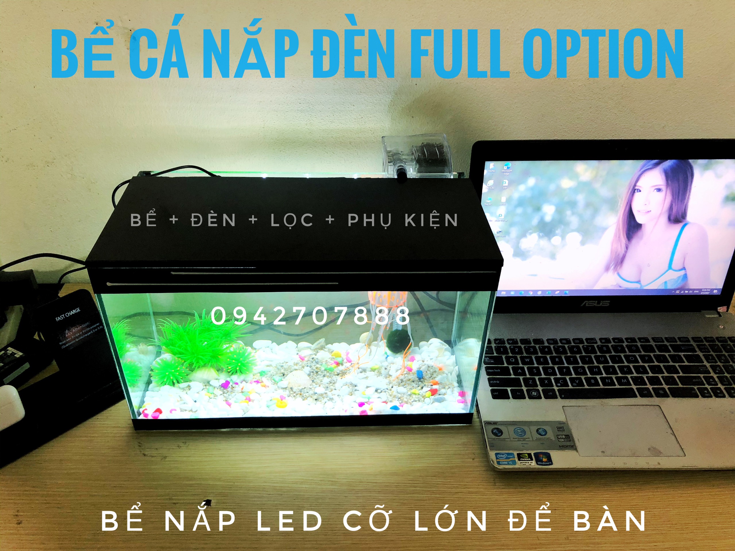 COMBO bể cá cảnh nắp led cỡ lớn 40cm và 8 món (Bể cá , nắp đèn, lọc , sỏi màu , vỏ sò biển, cây, sứa silicon, thức ăn cá)
