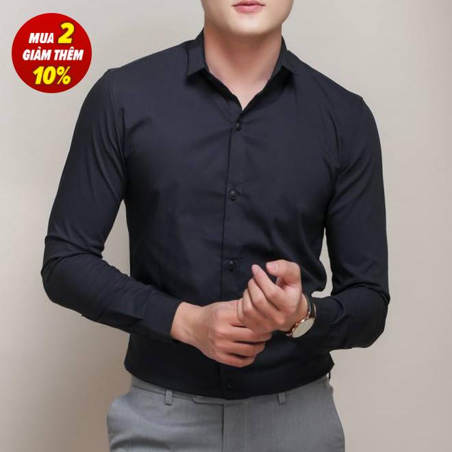 Áo sơ mi nam dài tay dáng ôm body Hàn Quốc, vải lụa thái chống nhăn NF (Đen)