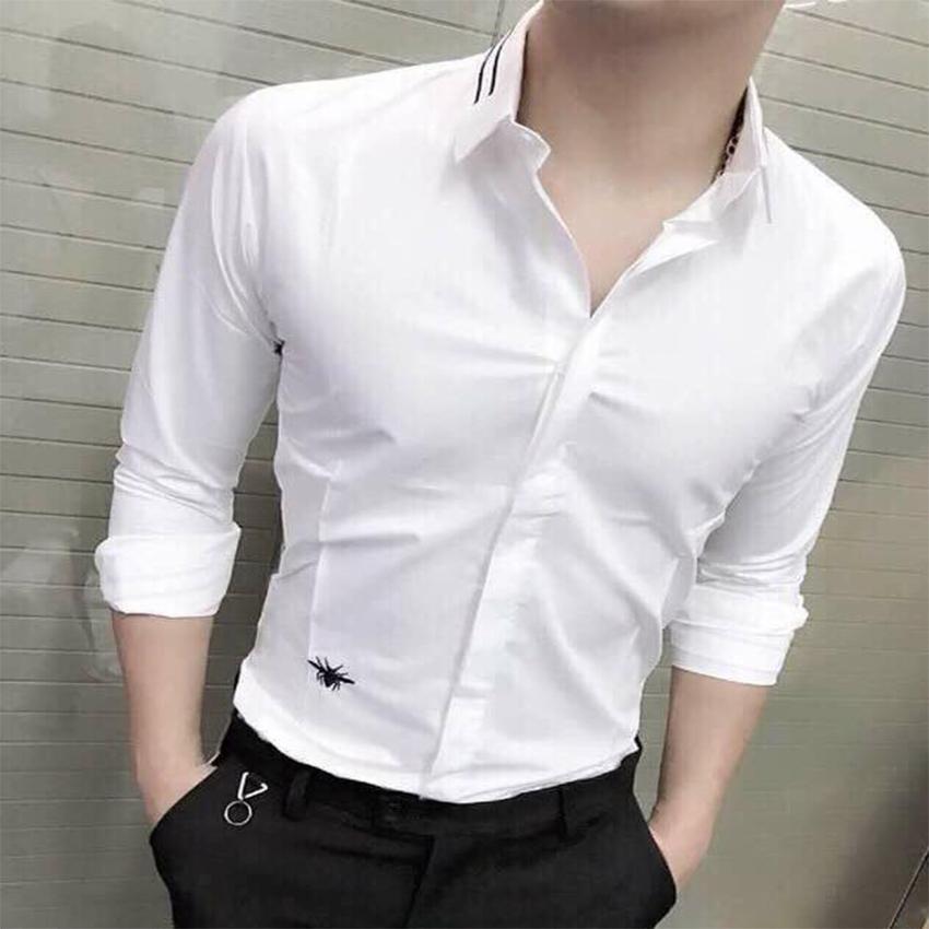 Áo sơ mi nam màu trắng phối viền tay, viền cổ thêu nhện, chất vải mềm, mịn, không nhăn, không xù