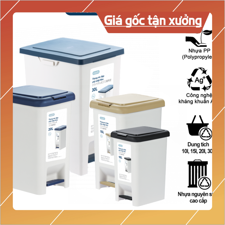 Thùng rác đạp chữ nhật - sọt rác đạp chữ nhật inochi chất liệu nhựa nguyên sinh phủ kháng khuẩn Ag+ khử mùi tốt dung tích 10l 15l 20l 30l dùng cho phòng khách , gia đình, phòng ăn, văn phòng , công sở