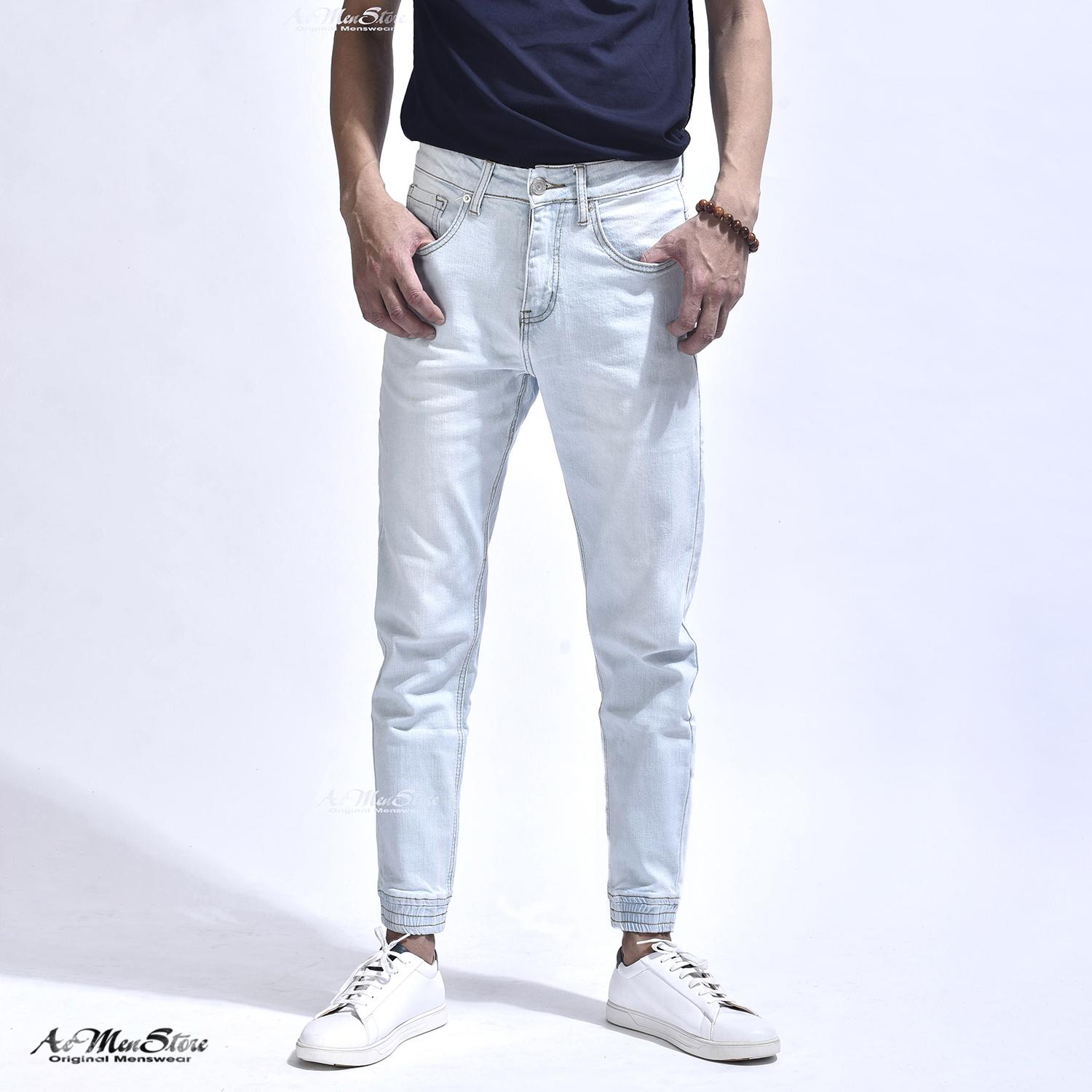 ROUTINE quần bò nam jogger dáng slimfit ông côn màu xanh nhạt