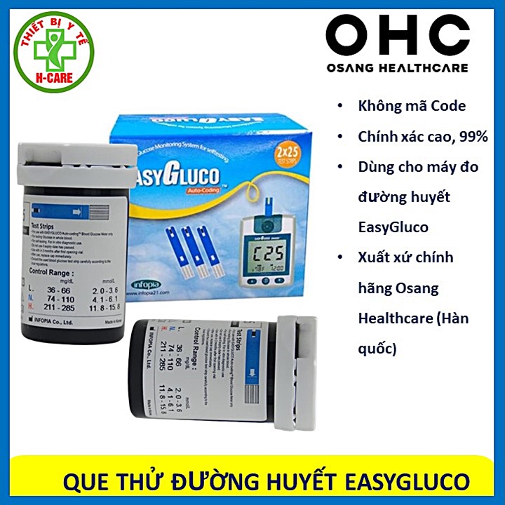 Que thử đường huyết EasyGluco - Hộp 50 que thử (2x25 que), không mã code, tin cậy chính xác  dùng cho máy đo đường huyết Easy Gluco Hàn quốc [TBYT H-Care]