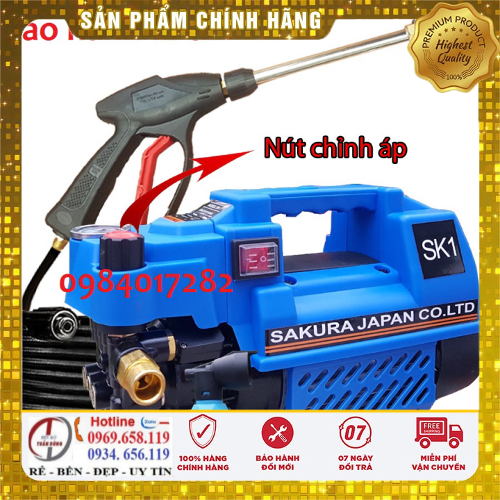 Máy rửa xe mini  gia đình áp lực cao : SAKURA .Japan SK1 2400W  có chỉnh áp .LÕI ĐỒNG tự hút nước